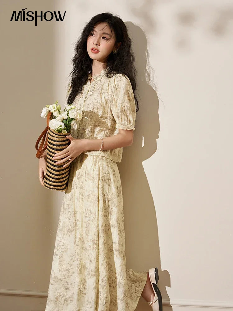 MISHOW Chinese Chiffon Embroidered Shirt A-line Skirt Separately Summer Puff Sleeve Top Rear Elastic Waist Skirt MXD24X1405