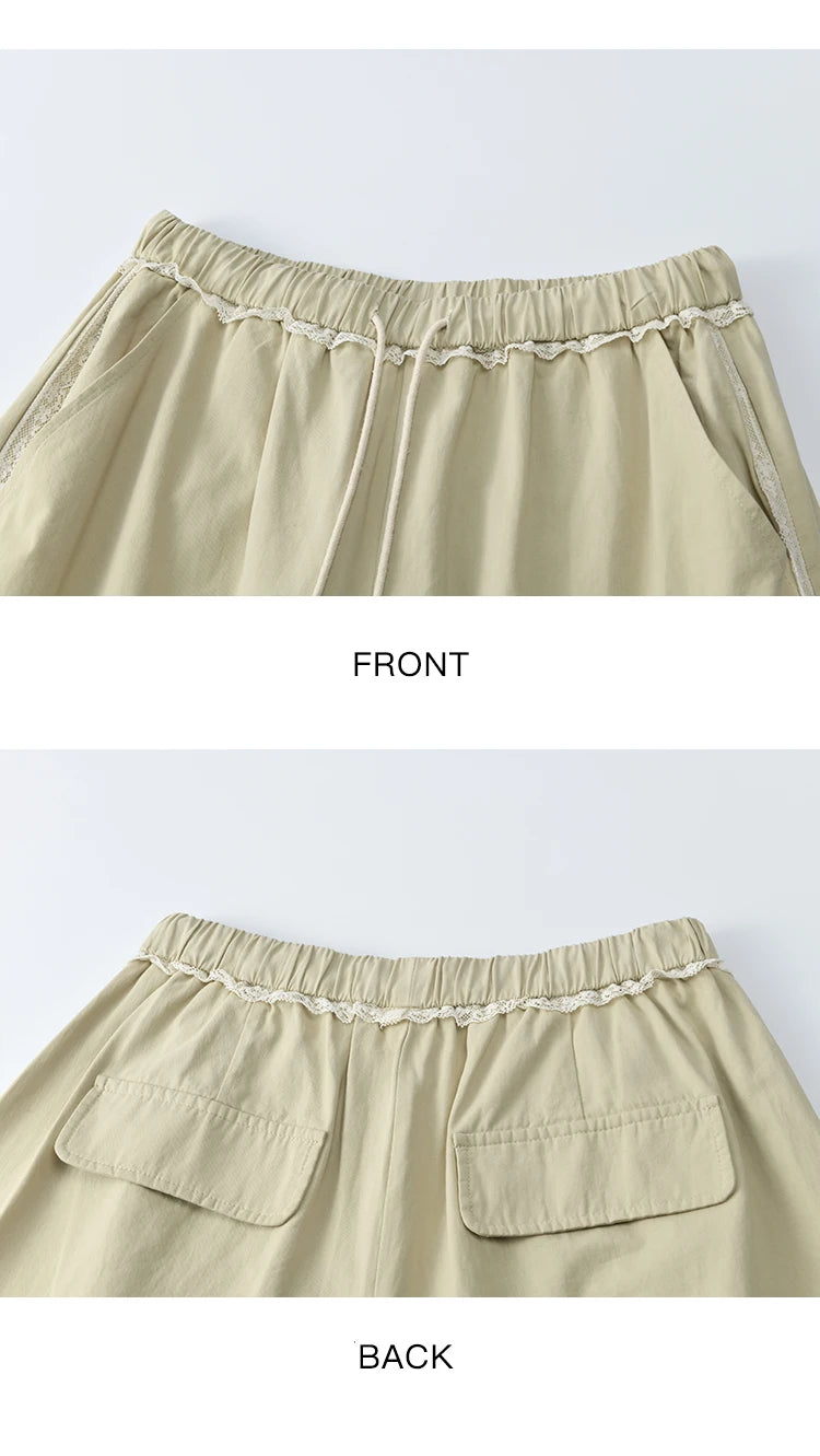 MISHOW Apricot Cargo Pants for Women in Summer 2025 Lace Patchwork Casual Pants Drawstring Elastic Waisted Trousers MXE33K0935