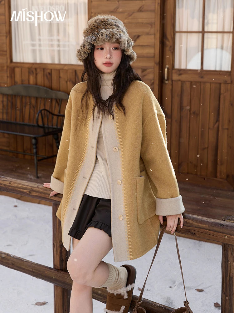 MISHOW Yellow Double-faced Wool Coat for Women 2025 Winter New Retro Contrast Color Slim Crew Neck Pockets Wool Coat MXE51W0915