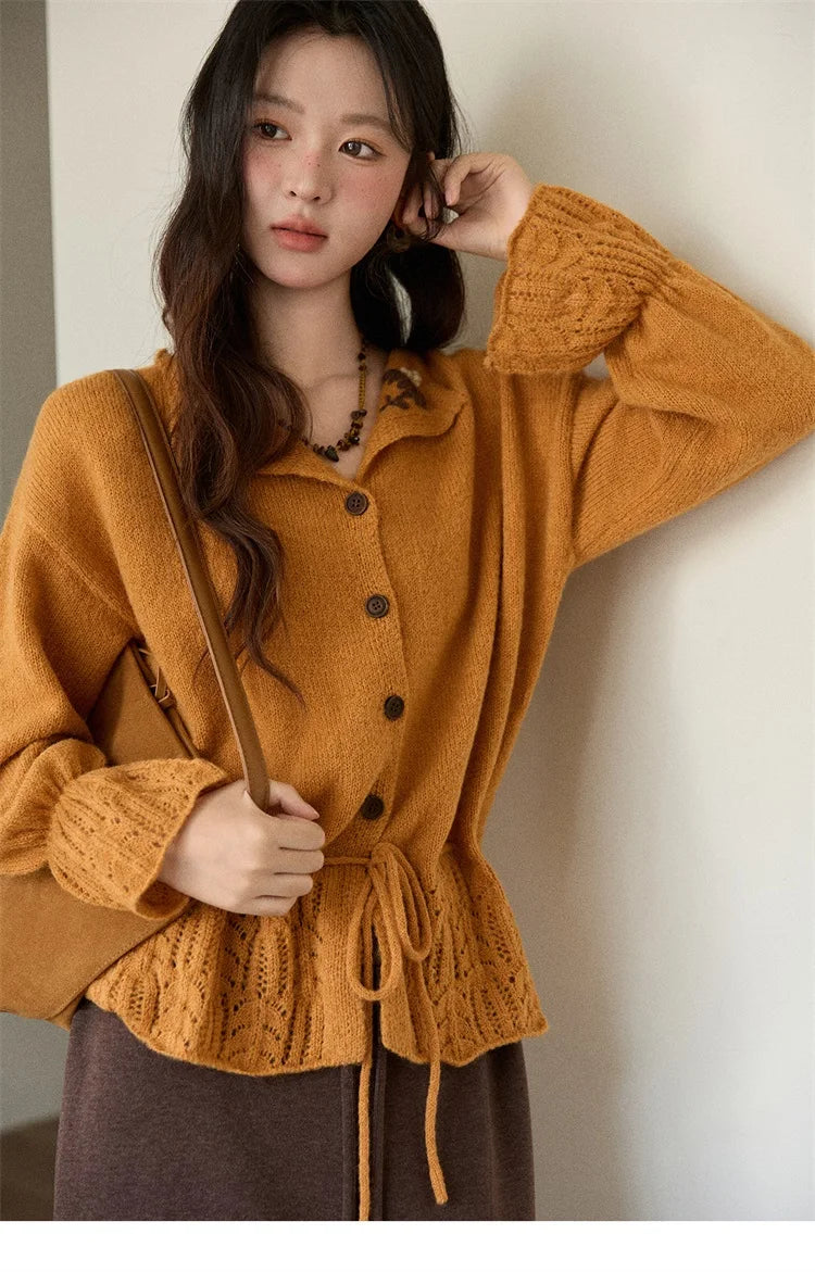 MISHOW Orange Cardigan Women 2025 Winter Retro Openwork Crochet Pattern Knit Top Loose Warm Flared Sleeves Sweater MXE87Z2685