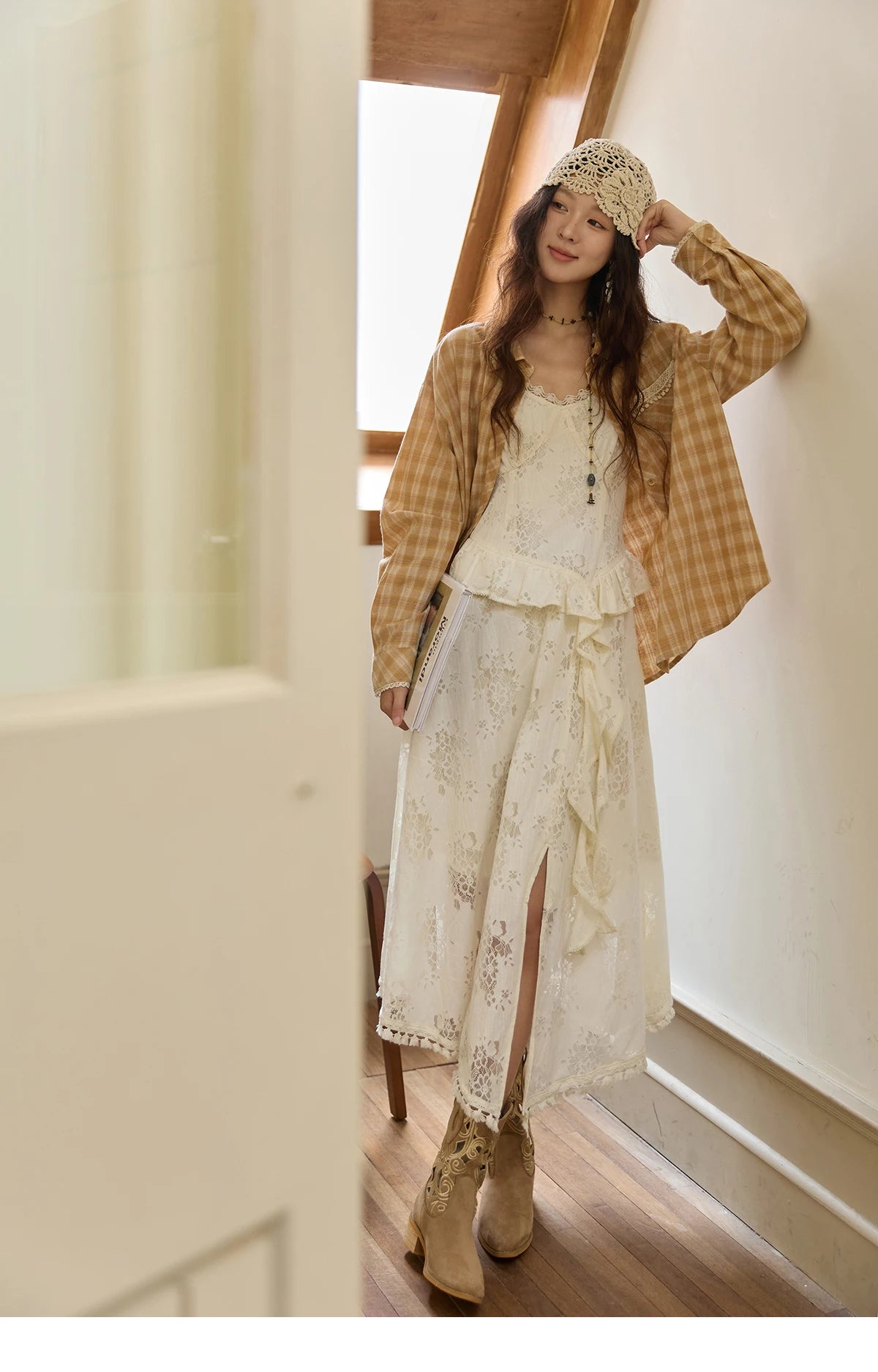 MISHOW Bohemian Apricot Lace Camisole Inner Dress Autumn Irregular Ruffle Tassel Hem Dresses Front Side Fork Dress MXE43L2449