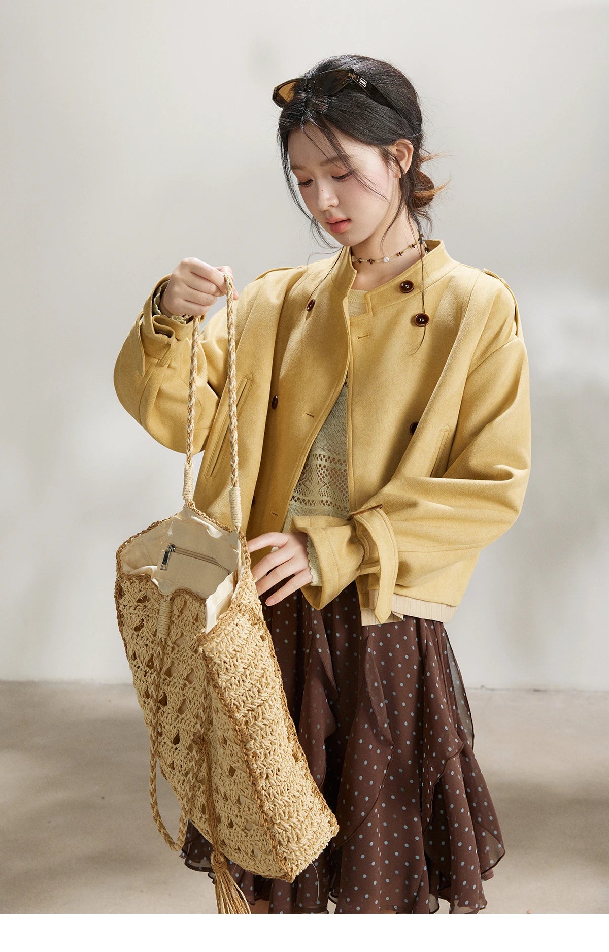 MISHOW Women's Yellow Double-Breasted Trench Stand Collar Coat Adjustable Cuffs Splicing Striped Hem Casual Outerwear MXF11W1026