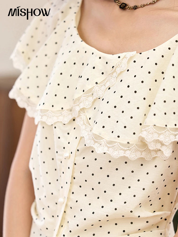 MISHOW Women's Apricot Polka Dot Shirt 2025 Summer French Ruffle Edge Patchwork Lace Shirts Short Sleeved Slim Top MXE34X1783