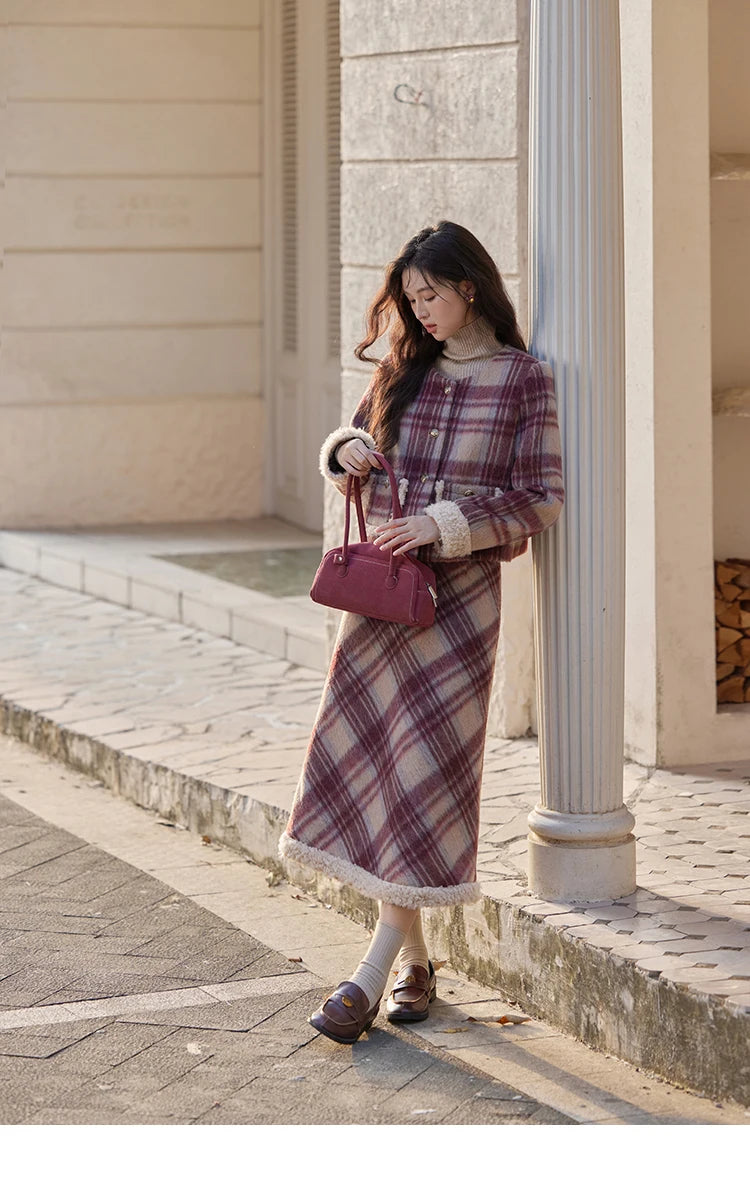 MISHOW Plaid Tweed Jacket Midi Skirt Separately Women 2024 Winter Korean Gentle Thick O-Neck Jacket Straight Skirt MXD54W0562