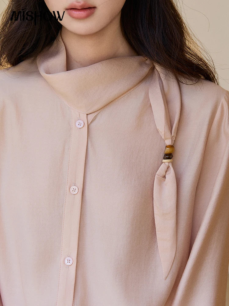 MISHOW Women's Nude Pink Shirt Spring Versatile Ribbon Stand Neck Shirts Button-Down Casual Commute Long Sleeve Top MXE11X2547