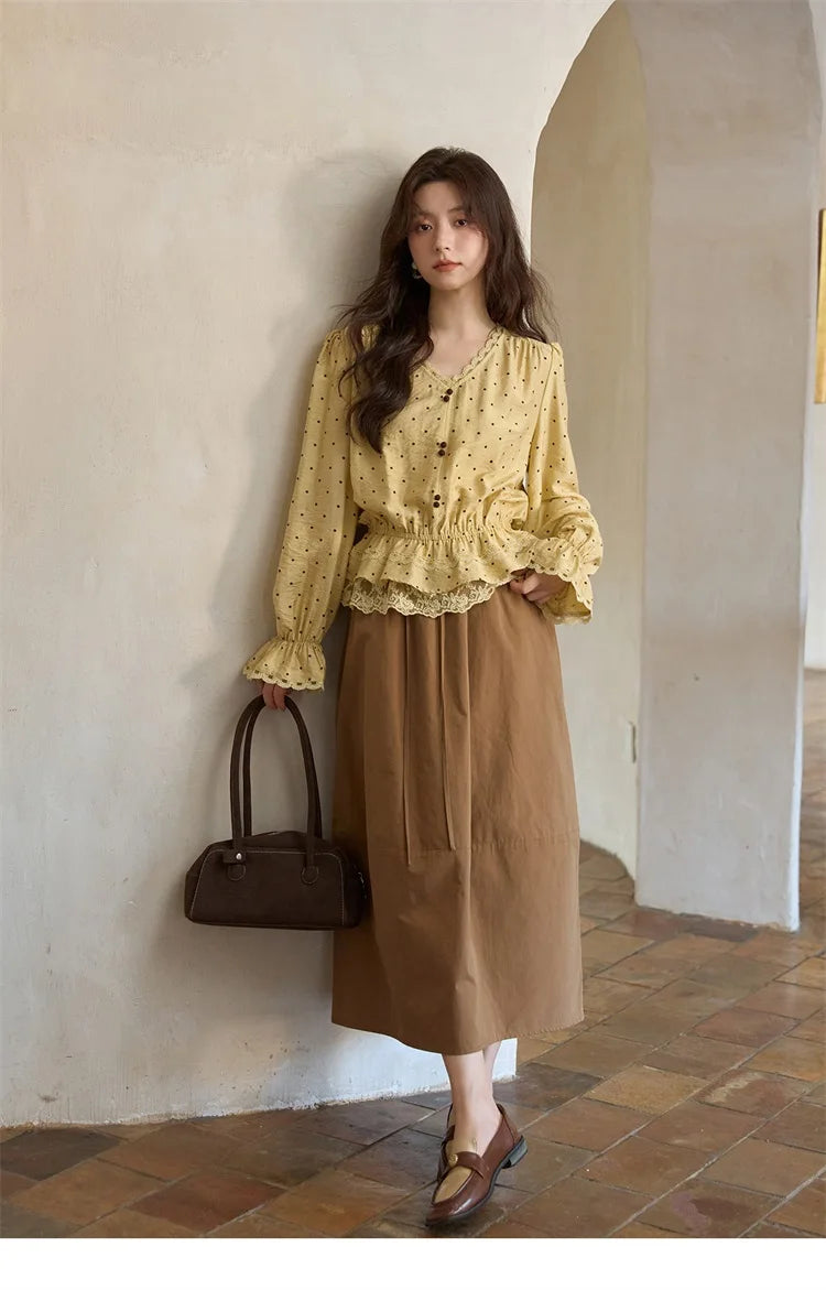 MISHOW Yellow Polka Dot Linen Blouse V-Neck Flare Sleeve MXE42X1975