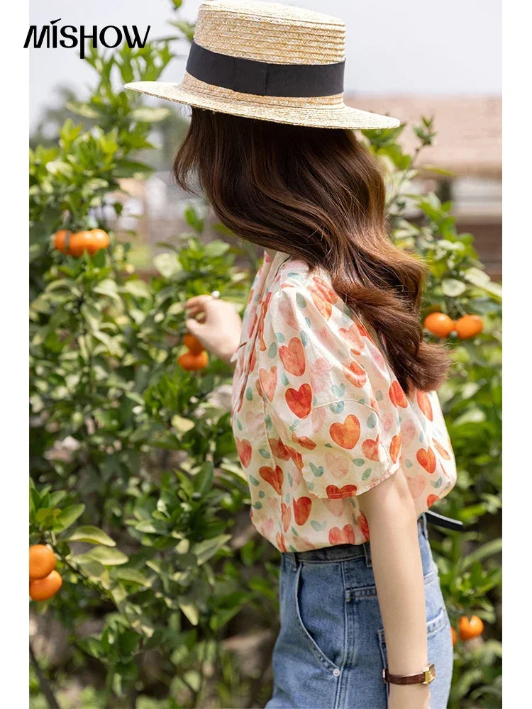 MISHOW Korean Floral Blouse Polo-Neck Puff Sleeve MXB27C0450