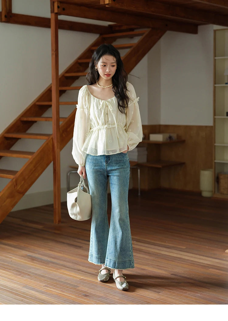 MISHOW Women's Fashion Cashew Flower Embroidered Blouse 2025 Autumn V-neck Lace Up Puff Sleeve Ladies Elegant Top MXE41X1945