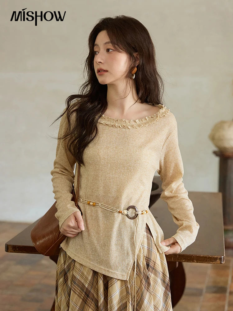 MISHOW Autumn Apricot Ramie Knitted Top Bohemian Belt Thin Knitted Black Fungus Edge Collar Asymmetric Side Split Top MXE42Z1324