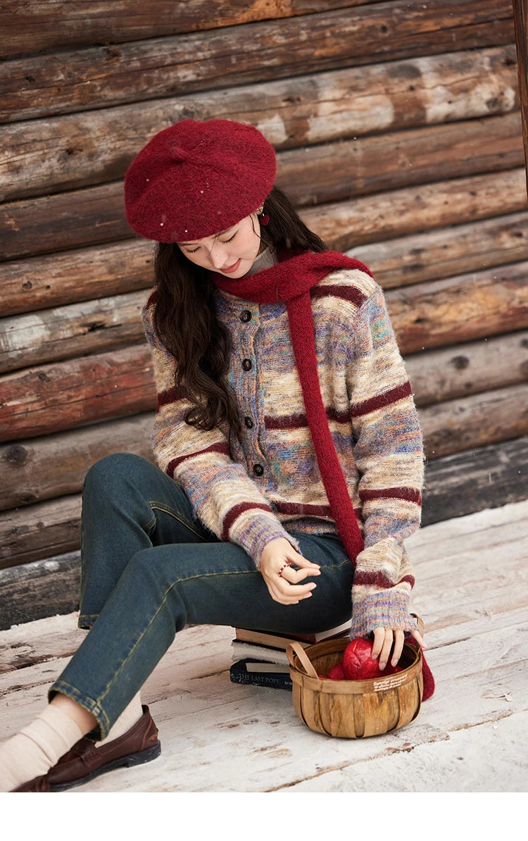 MISHOW Striped Sweaters Short Contrast Color Loose Casual O-Neck Single Breasted Tops Soft Warm Knitted Cardigans MXD59Z1061