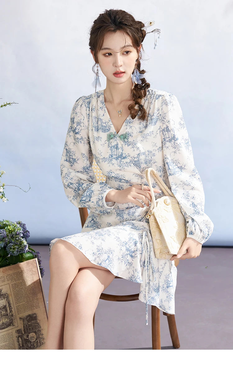 MISHOW French V-neck Chiffon Dress 2025 Spring Slim Blue and White Porcelain Printing Temperament Floral Dresses MXD15L1673