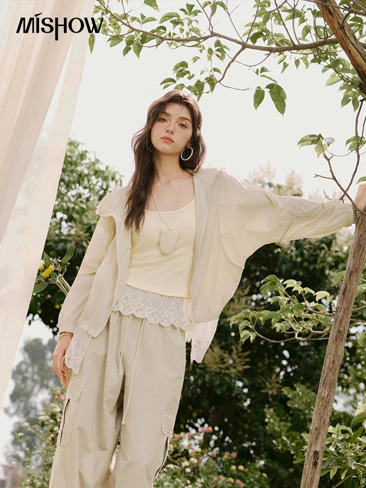 MISHOW Sunscreen Summer Coat Women New 2025 Long Sleeve Hooded Solid Lace Loose Cardigan Female Thin Breathable MXE33W0780
