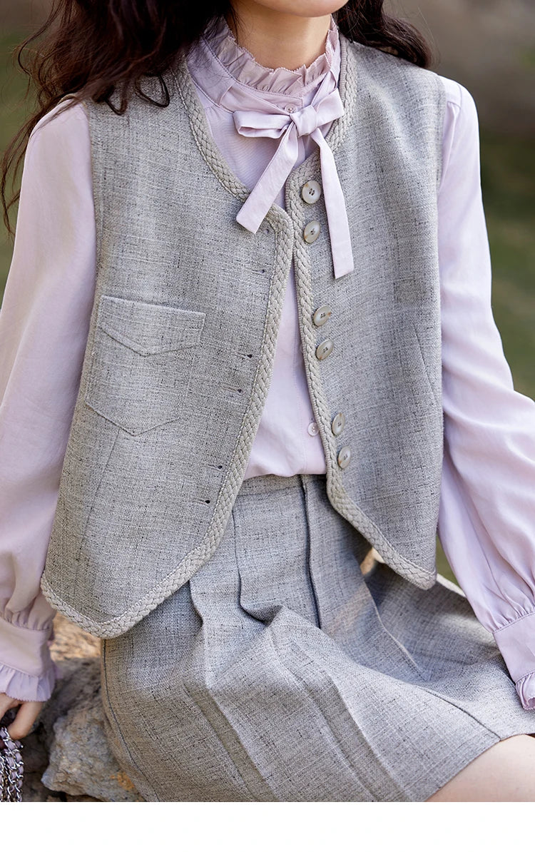 MISHOW Korean Woolen Texture Vest Short Skirt Separately Spring Outfit V-neck Vest Coats Slim A-line Pleated Skirts MXE13W0708