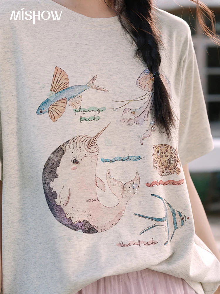 MISHOW Fashion Print T-shirts for women 2025 Summer New O-Neck Loose Casual Short Sleeve Cotton Top Female Clothing MXE36T0575