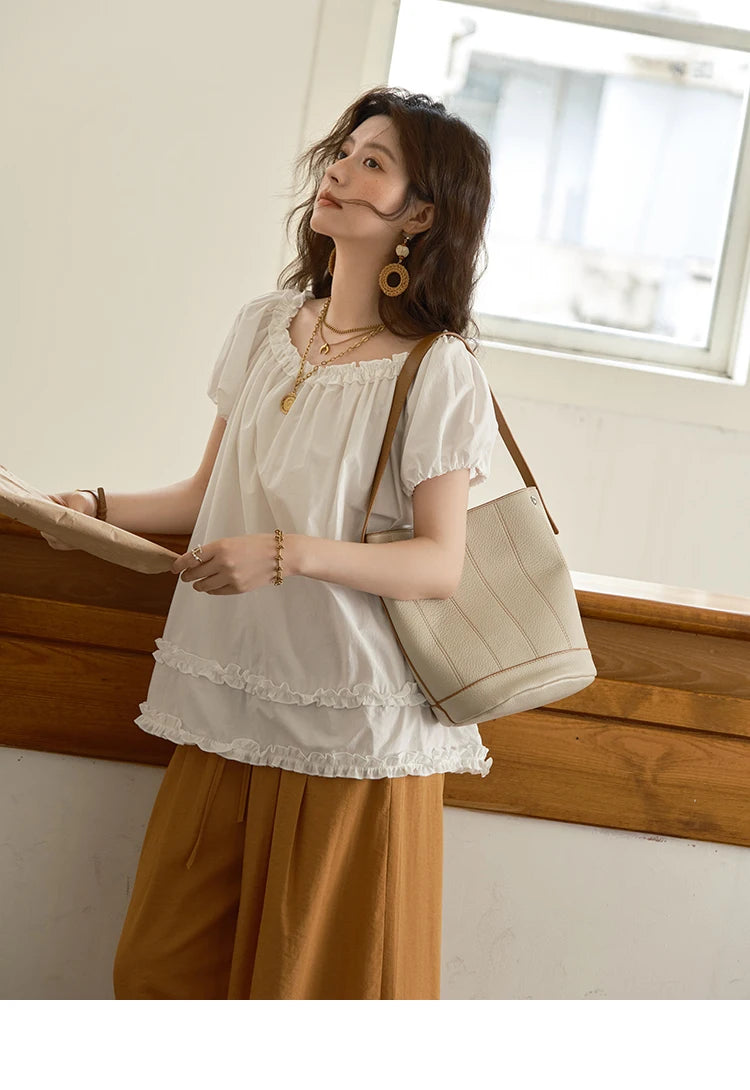 MISHOW Women's Fashion Puff Sleeve Blouse 2025 Summer Casual O-Neck Edible Tree Fungus Spliced Top Female Clothing MXE39X1929