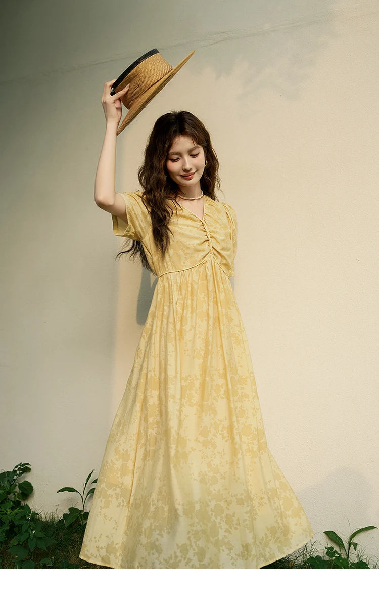 MISHOW Tea Break V-neck Dress for Women 2024 Summer French Temperament Chiffon Floral Puff Sleeve Waist Long Dresses MXD23L1878