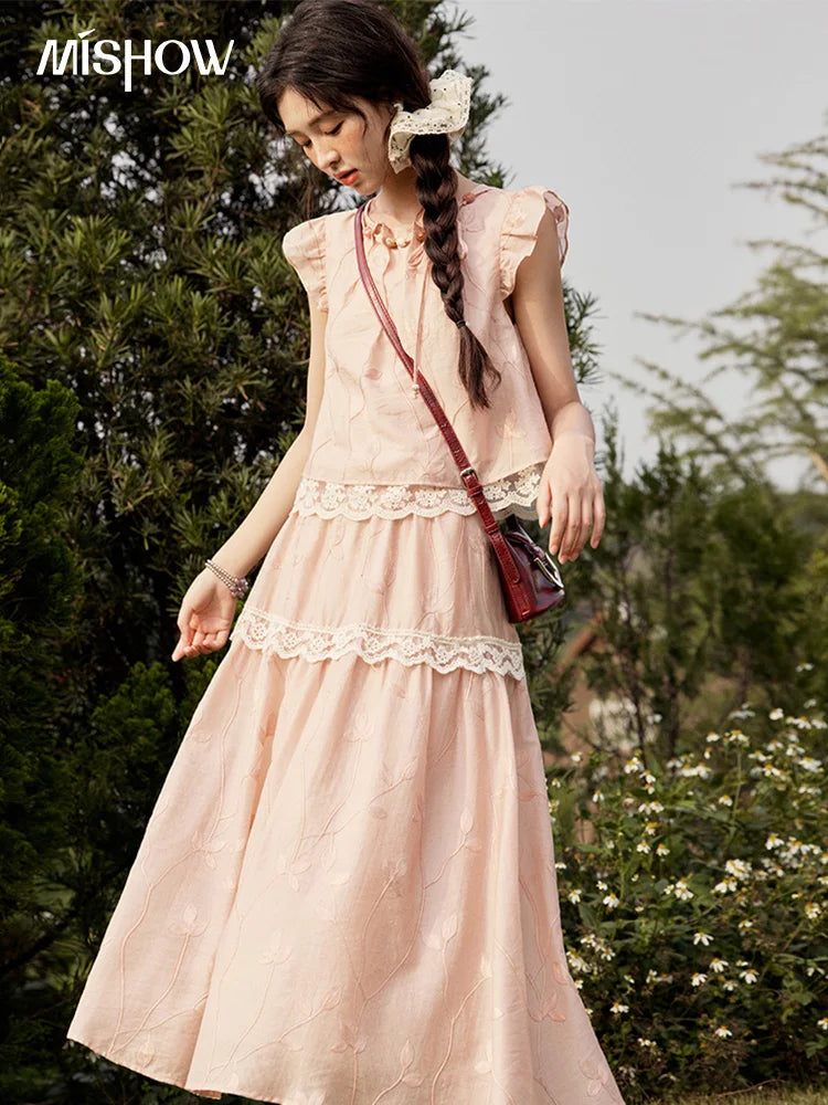 MISHOW Sweet Summer Skirt Sets Women New 2025 Short Flying Sleeve Round Neck Tops Hollow Embroidery A-line Skirt Lady MXE33T0545