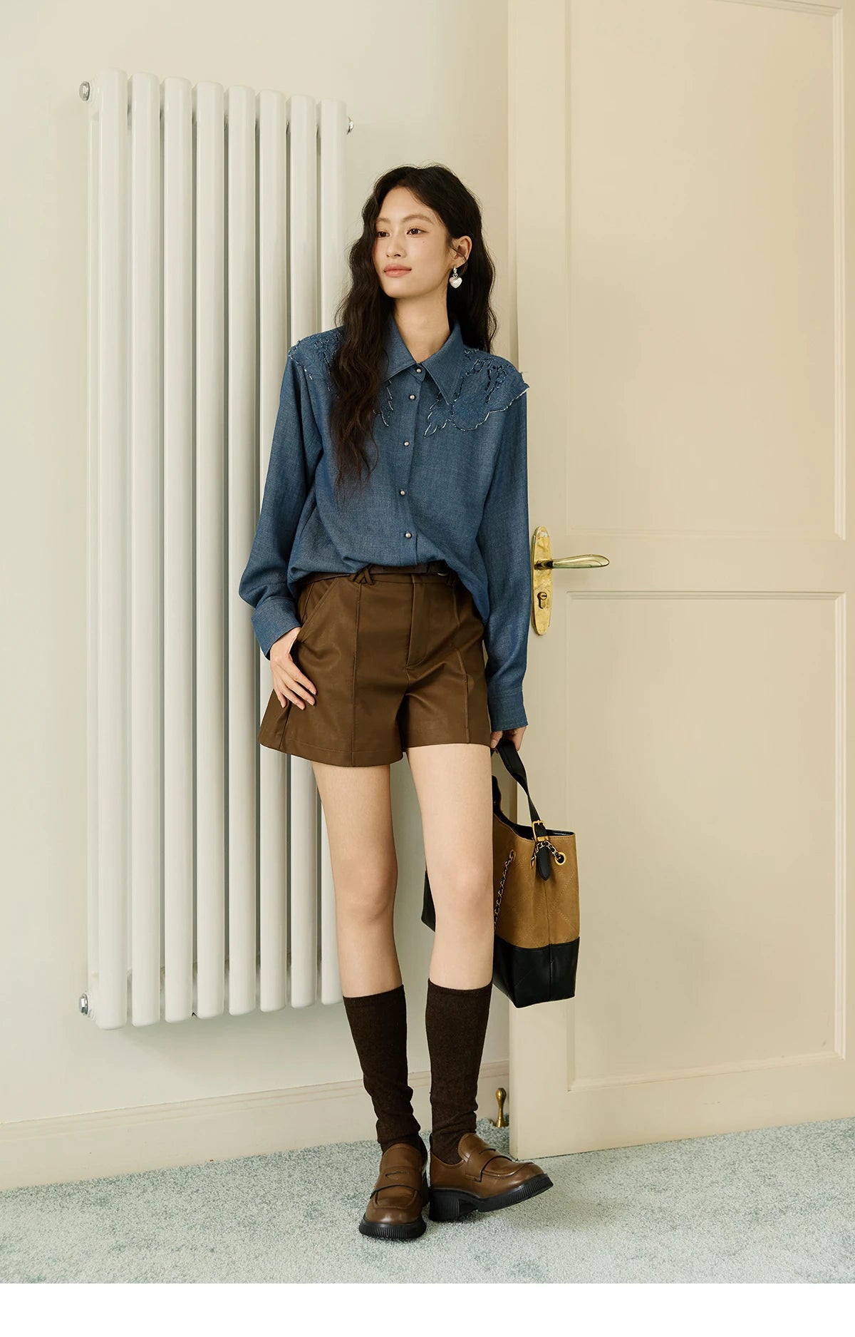 MISHOW Women's Blue Shirt Autumn 2025 Hollowed Out Patchwork Embroidery Tops Imitation Denim Fabric Loose Retro Shirt MXE46C2410