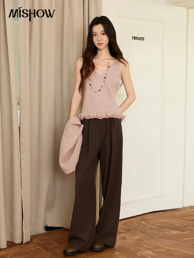 MISHOW Knit Cardigan for Women 2025 Autumn Elegant Pink Crew Neck Cardigan Loose Suspenders Two-piece Suit for Women MXE48T1404