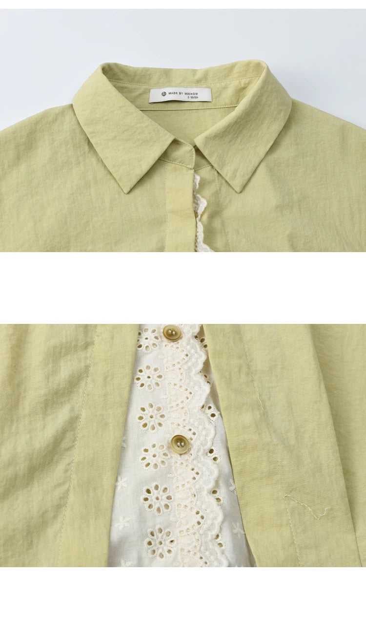 MISHOW Women's Top Green Fake Two Piece Shirt 2025 Autumn Lace Patchwork Lapel Shirts Rear Hem Elastic Short Shirt MXE41C2348