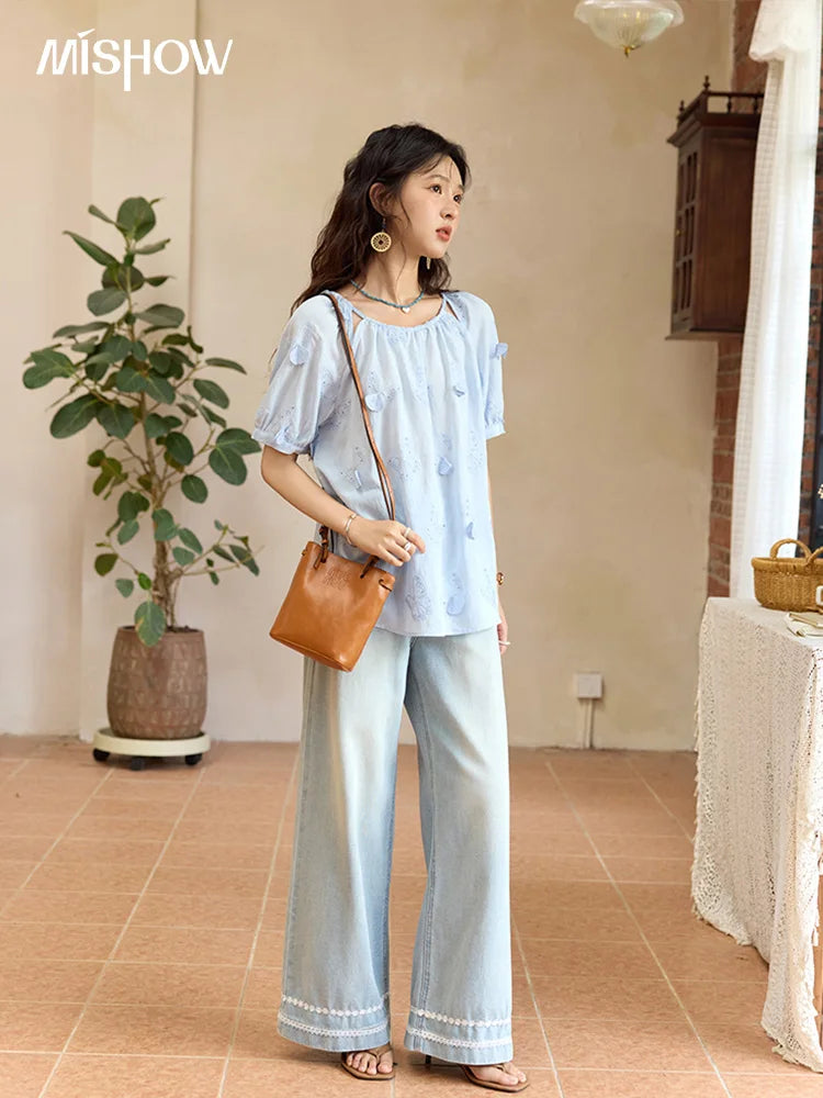 MISHOW Women's Butterfly Embroidery Blouse 2025 Summer New Fashion Hollow Out O-Neck Casual Top Female Clothing MXE36X1878