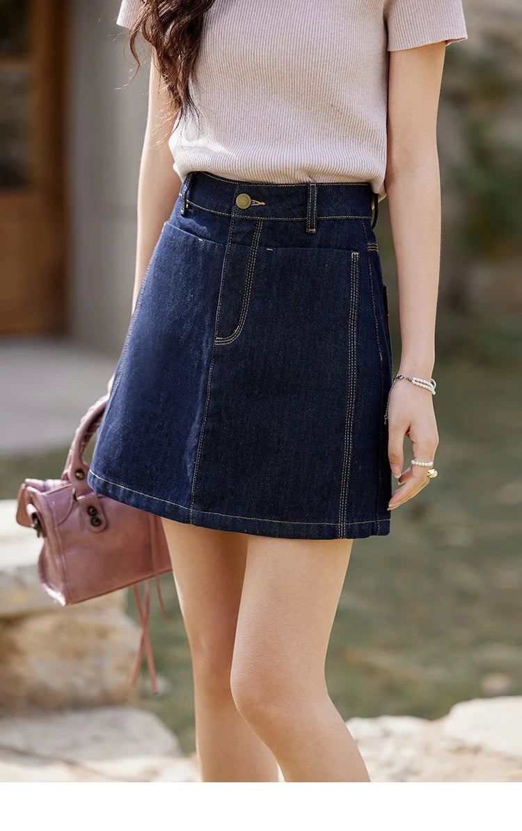MISHOW Women's Retro Deep Blue Short Denim Skirt Spring High Waist Slim A-line Skirts Denim Commuting Versatile Skirt MXE13B0658
