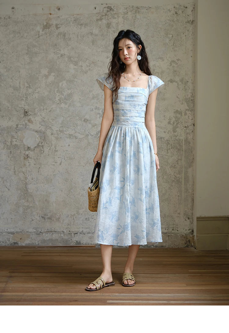 MISHOW Women's Fashion Print Dress 2025 Summer Square Neck Flying Sleeve Vacation High Waist Dresses Women's Clothing MXE35L2274