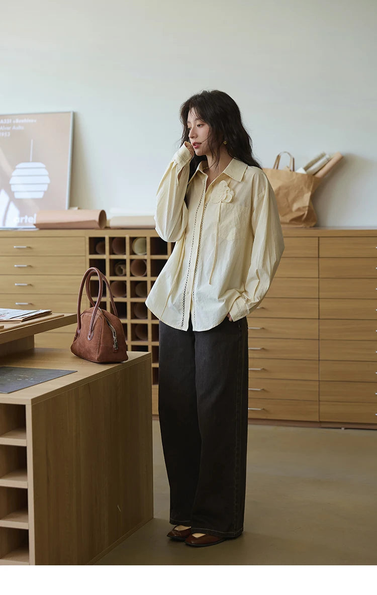 MISHOW 100% Cotton Shirt For Women Autumn 2025 New Fashion Petal Ribbon Button Long Sleeves Shirt Women's Clothing MXE41C2349