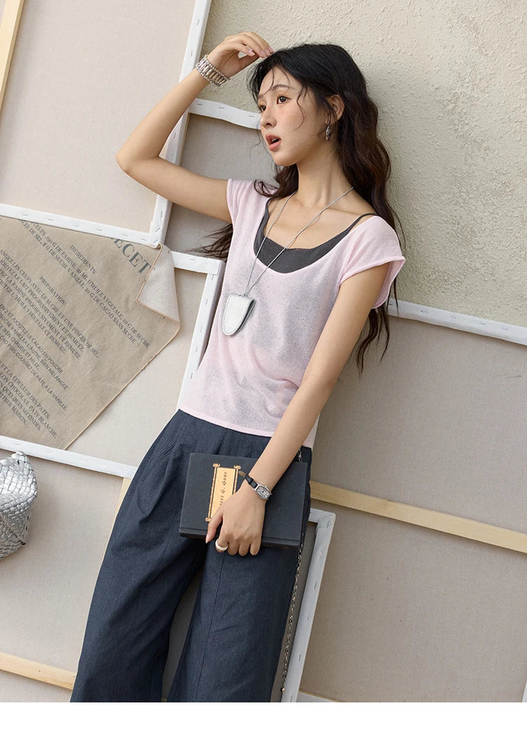 MISHOW Women's Linen Short Sleeve T-shirt 2025 Summer Contrast Color Fake Two-piece Knitted Top Thin Cool Casual Tees MXE36Z1277