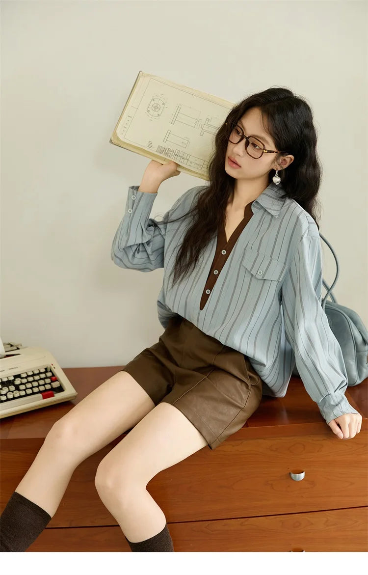 MISHOW Peach Skin Velvet Stripe Shirt for Women Autumn 2025 Double Layered Collar Contrasting Color Shirt Commute Top MXE47C2408