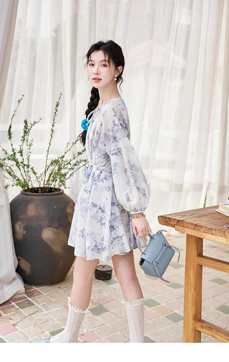 MISHOW Fairy Temperament Floral Puff Sleeved Chiffon Dress Spring Summer 2025 Lace-up O Neck Waist Knee-Length Dress MXD14L1681