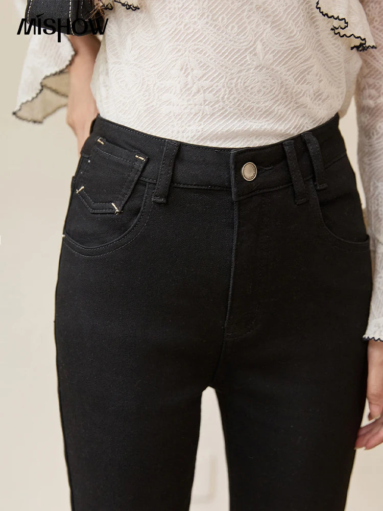 MISHOW Black Jeans for Women 2025 Winter New Vintage High Waist Elastic Flared Pants Commute Casual Slim Trousers MXE51K1098