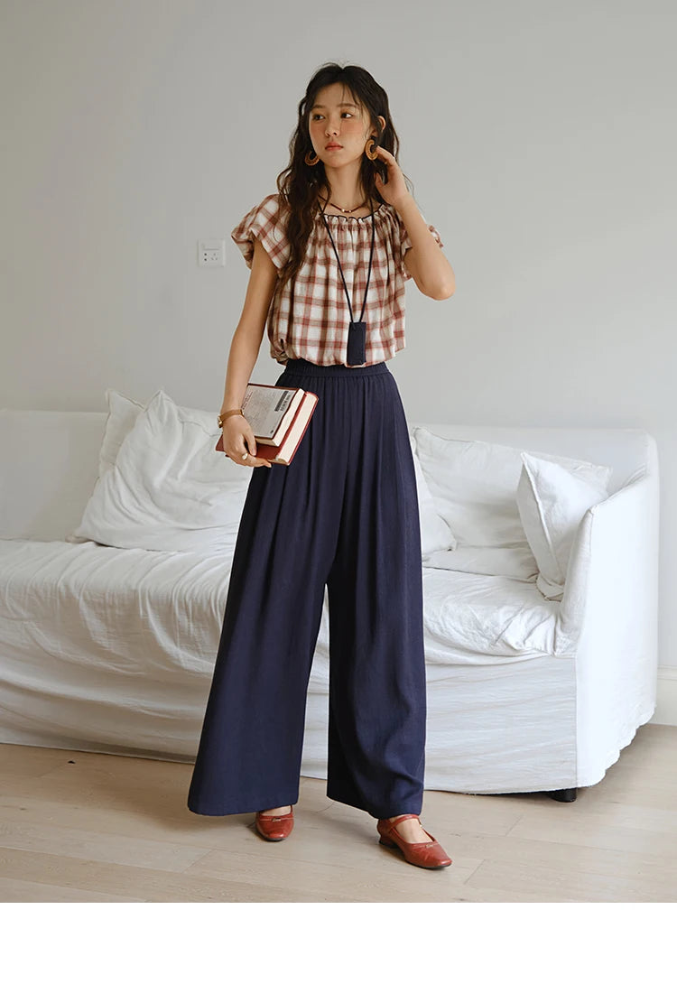 MISHOW Two Piece Set for Women Retro Red Grid Puff Sleeve Top+Casual Elastic Waist Wide Leg Pants Set 2025 Summer New MXE37T0649