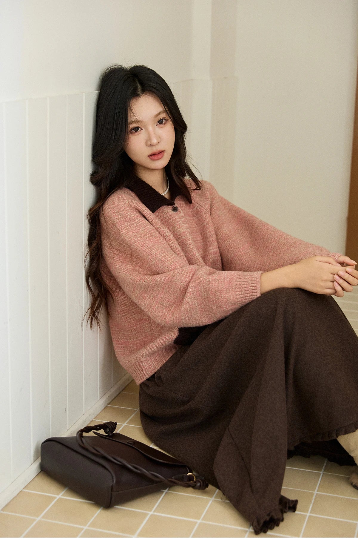 MISHOW Women's Pink Knitted Cardigan Autumn Winter Contrast Collar Bow Pocket Top Single-breasted Loose Warm Sweater MXE94Z2957