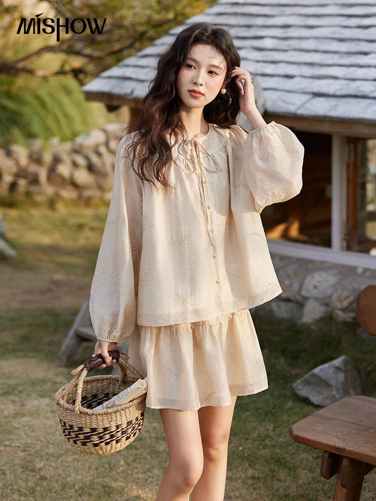 MISHOW Iris Embroidery Blouse Elastic Waist Skirt Set for Women Spring Summer 2025 Jacquard Commuting Slim Two Pieces MXE13T0454