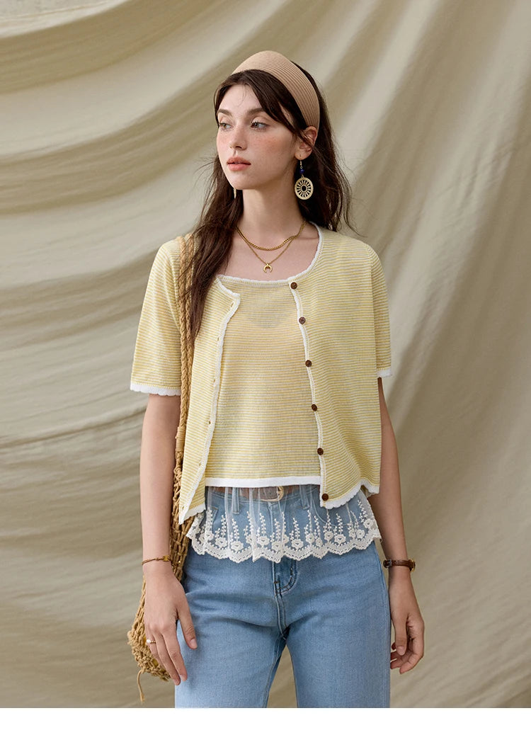 MISHOW Summer Camisole Cardigan Sets for Women 2025 Short Sleeve Round Neck Hem Lace Knitted Tops Female Fashion MXE33T0582