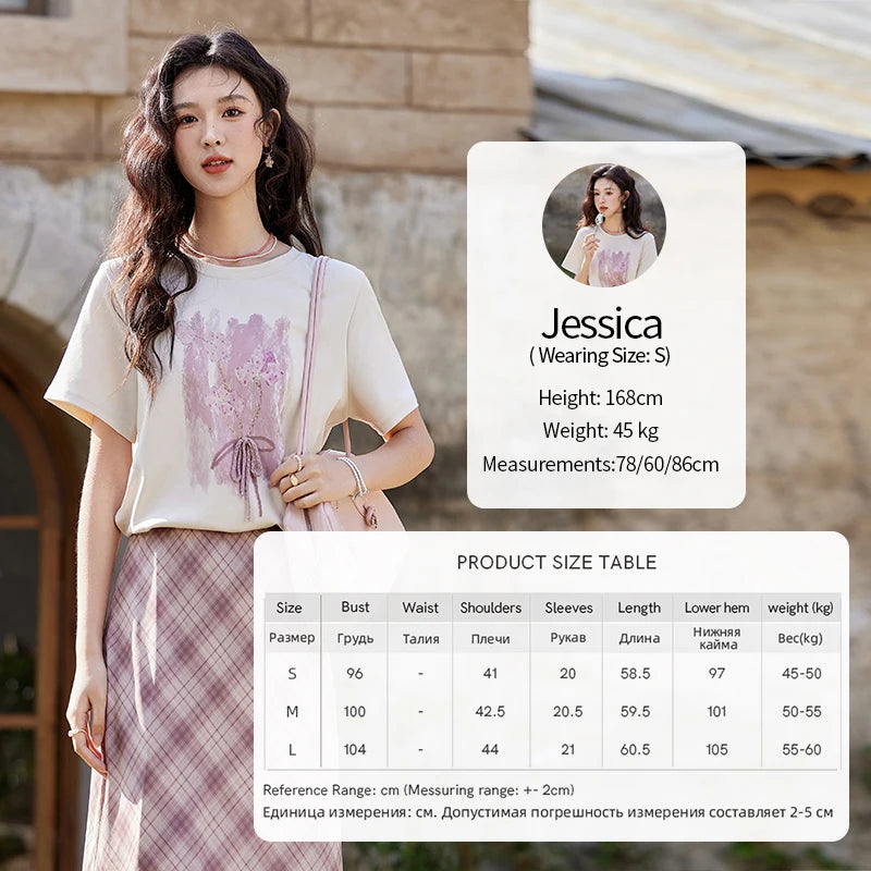 MISHOW Iris Cool Cotton T-shirt for Women Spring 2025 Spray Printing Slim Tees Round Neck Breathable Versatile Top MXE13T0453