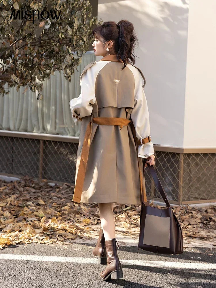 MISHOW Autumn Women's Khaki Trench Contrast Color Woman Clothes Spliced Turn-down Collar All-match Casual Jacket MXB31W0367