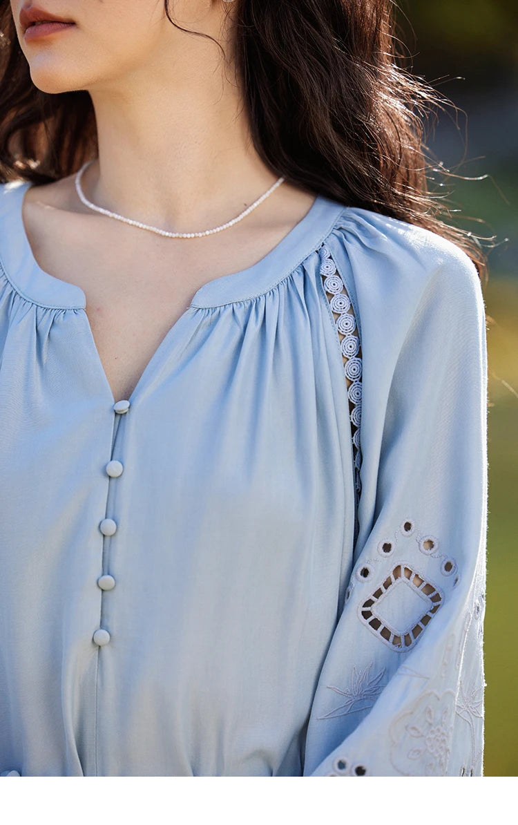 MISHOW French Hollow Lace Dress for Women 2025 Spring Vacation Slim Waist V-neck Dresses Loose Beach Fairy Dresses MXE12L2091