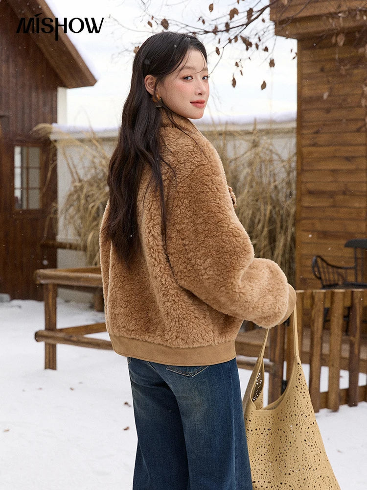 MISHOW Faux Lambskin Coat Women 2025 Winter Retro Turn-down Collar Brown Coat Office Lady Loose Warm Casual Jackets MXE89W0896