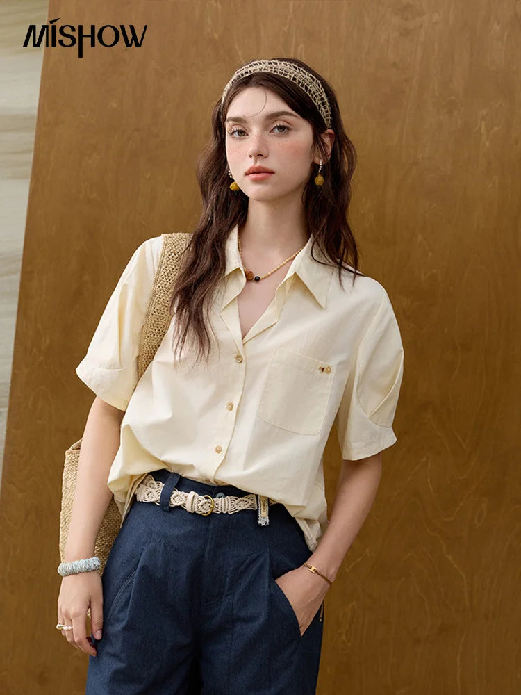 MISHOW New French Summer Shirts for Women New 2025 Short Sleeve Turn-down Collar Solid Slimming Blouses Lady Gentle MXE33C0778