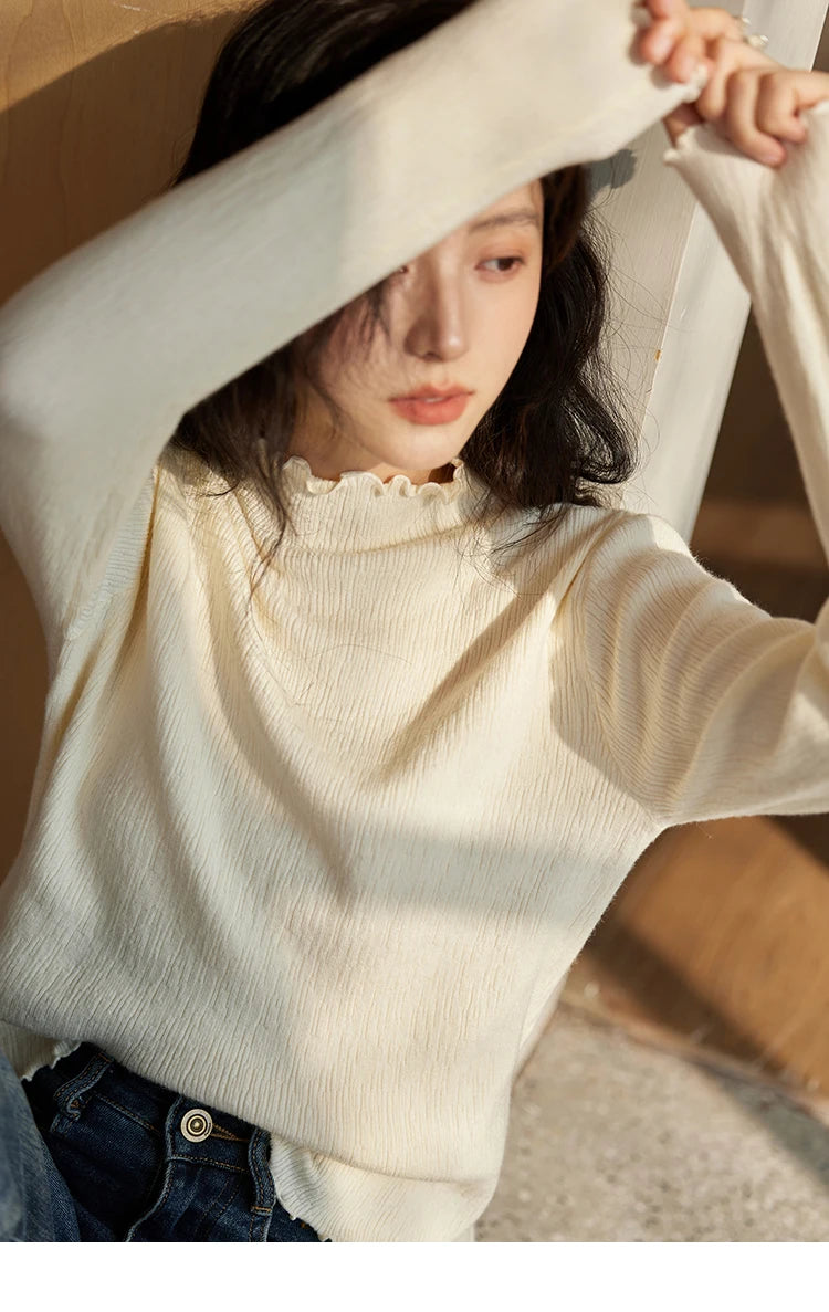 MISHOW Bottom Knitted Sweater Women Ruffled Edge High Collar Long Sleeve 2025 Winter Solid Slim Thin Internal Tops MXD48Z0850