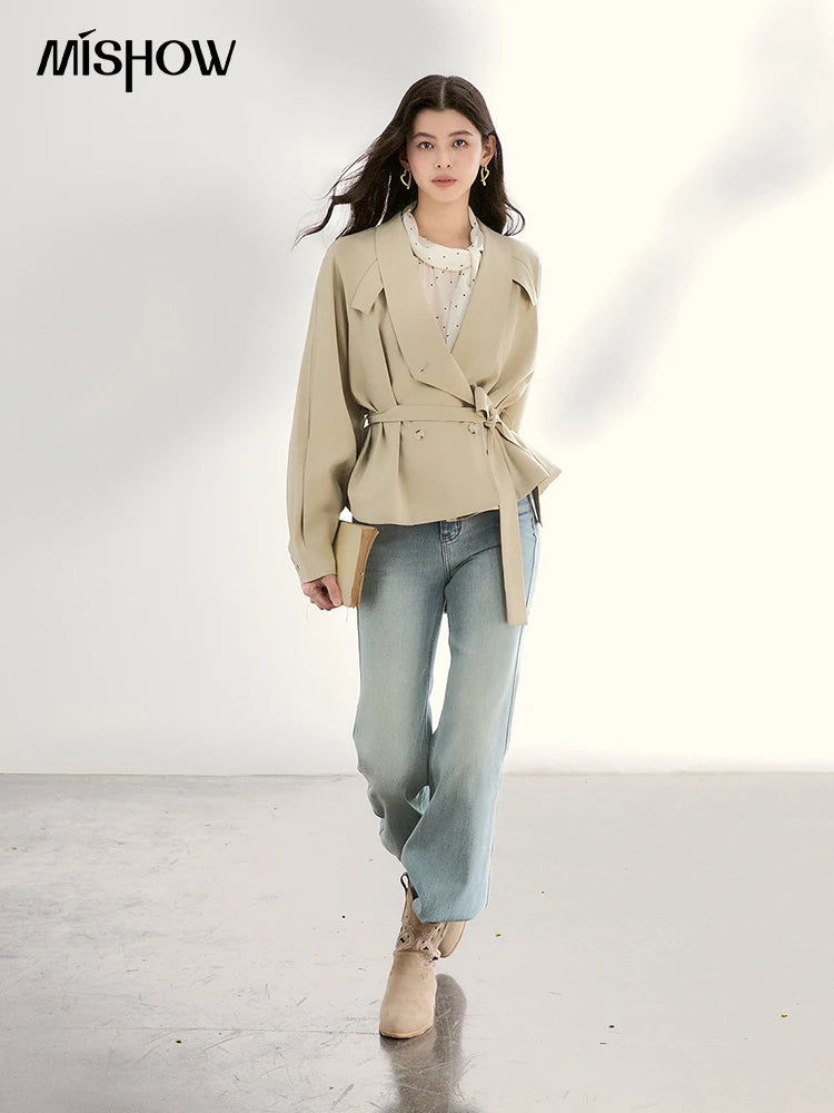 MISHOW Women's Khaki Belted Waist Coat 2026 Spring Lapel Double-breasted Coats female Casual Short Jacket Office Lady MXF13W1056