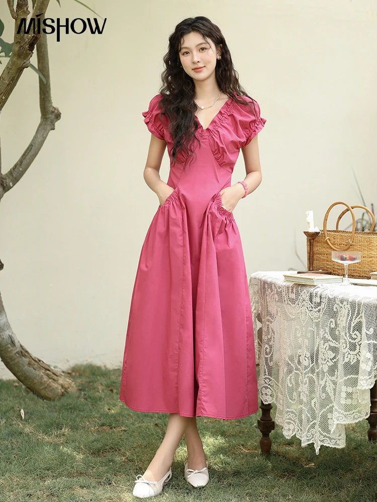 MISHOW Women's 100 Cotton Stringy Selvedge V-Neck Waist Dress 2024 Summer French Symmetric Pocket Mid Length Dresses MXD29L1934