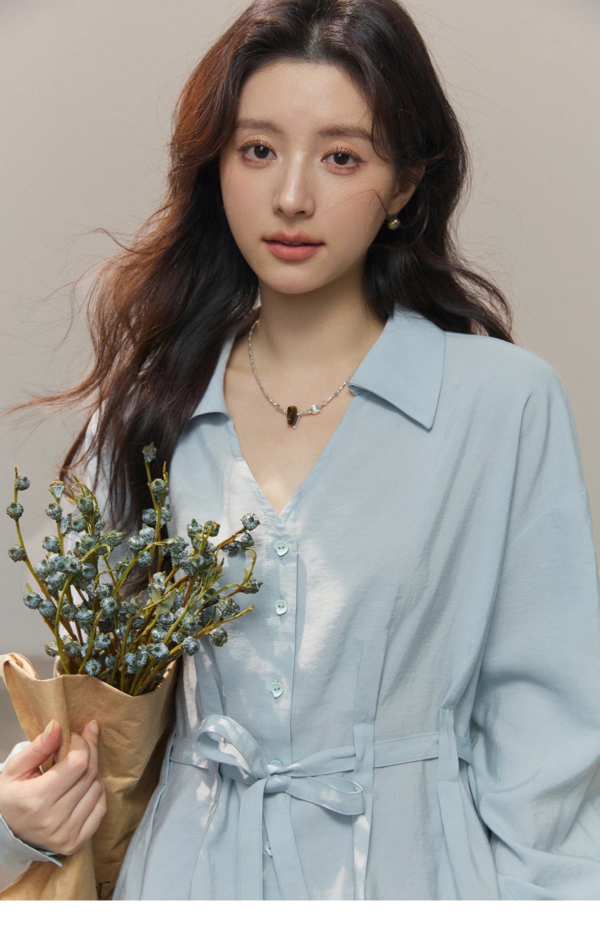 MISHOW Women's Light Blue Lyocell Shirt 2026 Spring Polo Neck V-neck Belted Waist Shirt Casual Peplum Long Sleeve Top MXF13C2437