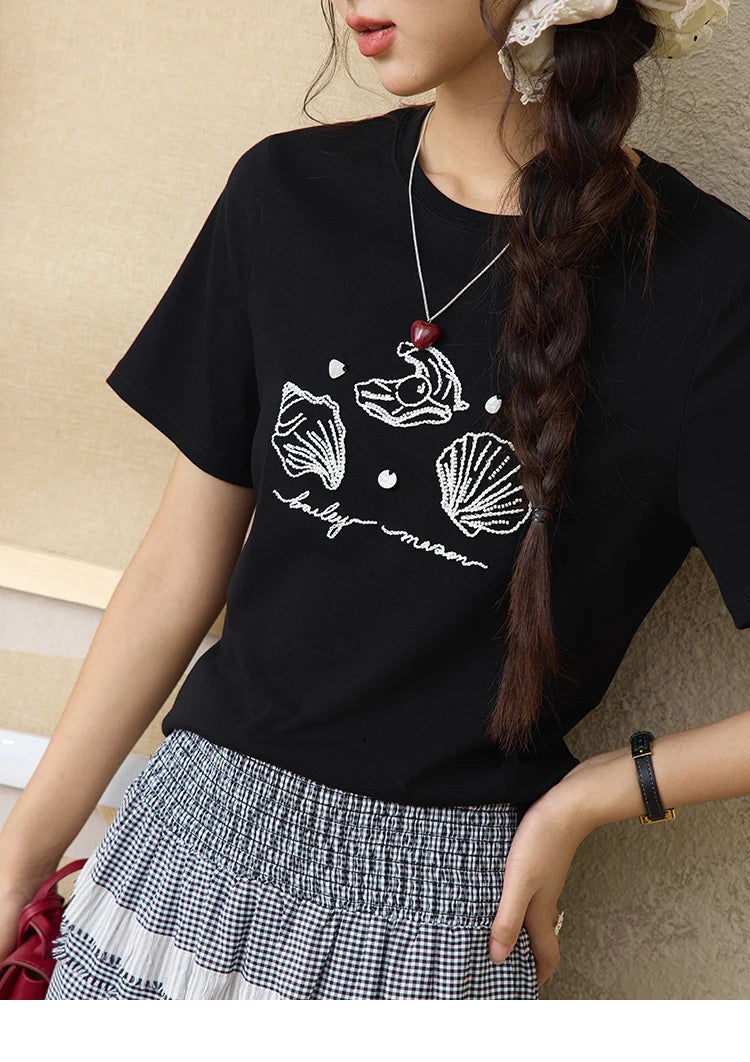 MISHOW Women's Shell Embroidered T-shirt 2025 Summer Short Sleeve Cotton Blend Tops Loose Slim Round Neck Casual Tees MXE34T0570