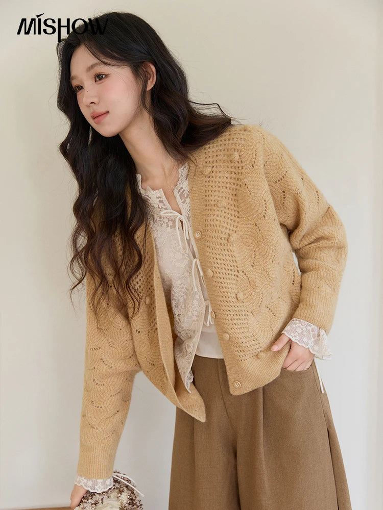 MISHOW Women's Solid Hollow-out Knit Thin Cardigan 2026 Spring V-Neck Bobble Knit tops Casual Loose Knitted Sweater MXF108Z1020