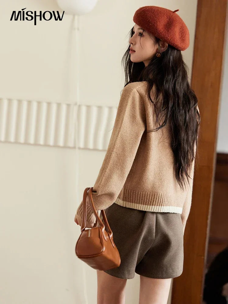 MISHOW Knitted Sweater Flower Pattern Cardigan O-Neck Color Clash Design Warm Coat Metal Buttons Sweet Soft Tops MXD56Z0919