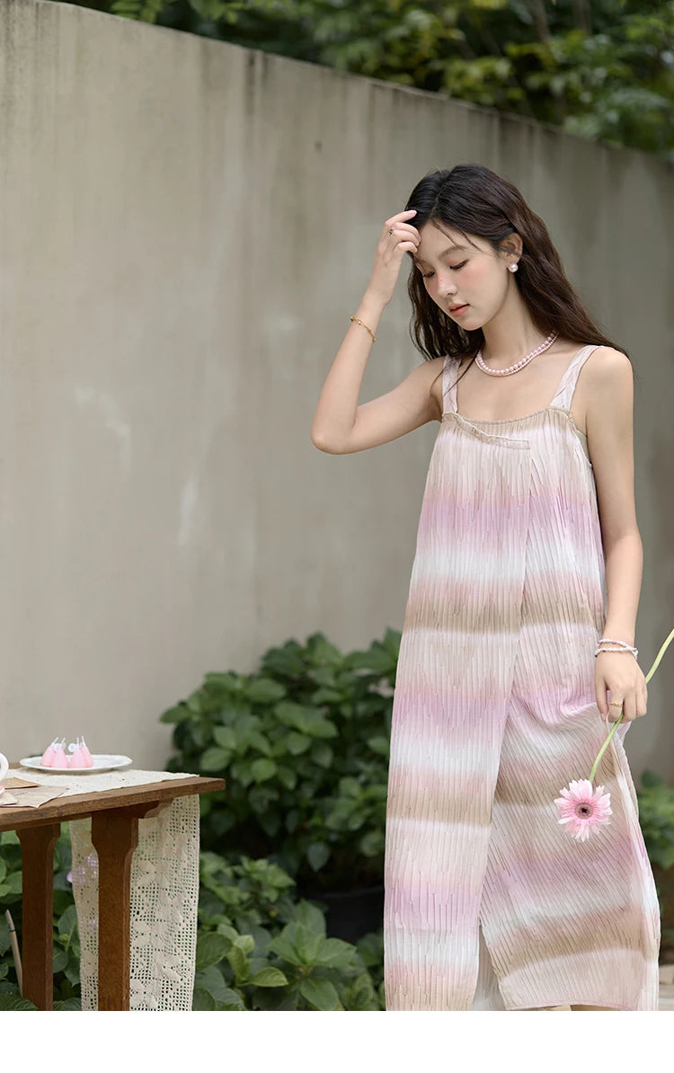 MISHOW Pink Striped Suspender Dress for Women 2025 Summer Sleeveless Irregular Front Dress Wave Mid Length Dresses MXD29L1930
