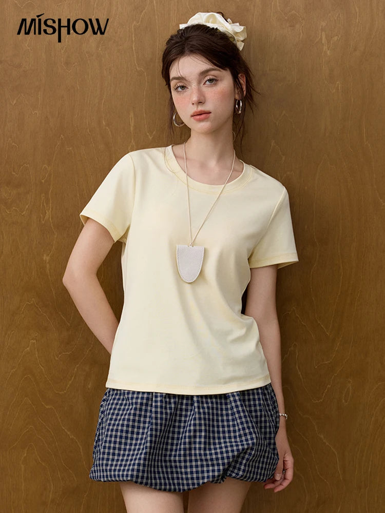 MISHOW Casual Summer T-shirts Women Short Sleeve Round Neck Solid Straight Shoulder Shirt Female Fashion Slimming New MXE31T0532